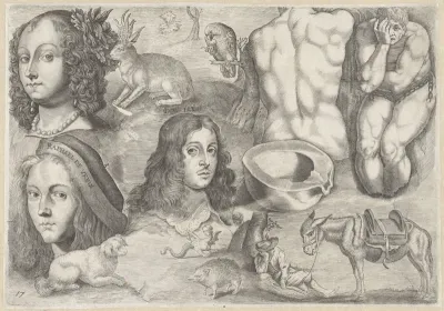 Studieblad met tekenvoorbeelden:  koppen, dieren, figuren