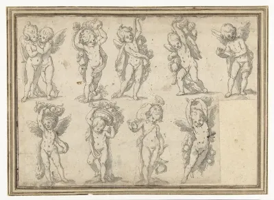 Studieblad met tien engeltjes met attributen