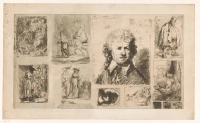 Studieblad met twaalf kopieën naar etsen van Rembrandt