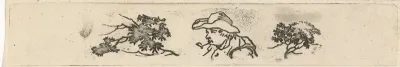Studieblad met twee bomen en een rokende boer