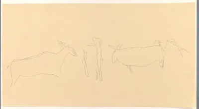 Studieblad met twee dieren en twee figuren