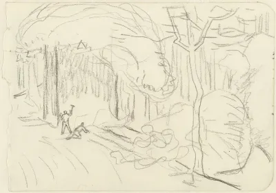 Studieblad met twee figuren in een landschap
