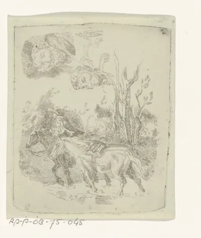 Studieblad met twee gezichten en een ruiter met twee paarden