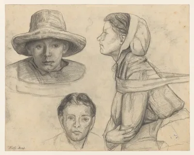 Studieblad met twee koppen en face en een vrouwenfiguur ten halven lijve en profil naar links