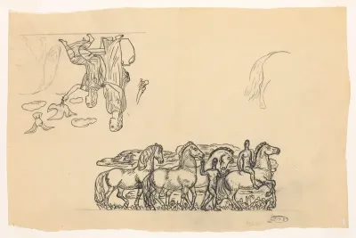 Studieblad met twee mannen met paarden en twee vrouwen met duiven