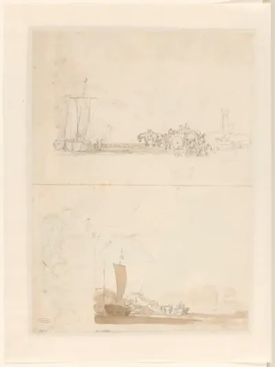 Studieblad met twee schetsen van vissersboten en paardenwagens op het strand