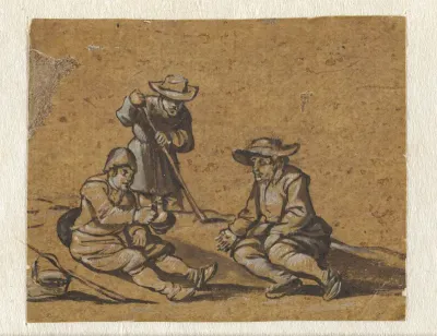 Studieblad met twee zittende figuren en een staande figuur