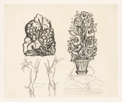 Studieblad met vaas met bloemen, druiventros en twee geiten