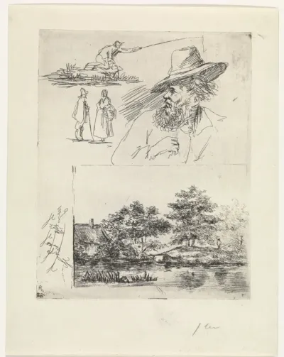 Studieblad met vier figuren en een landschap