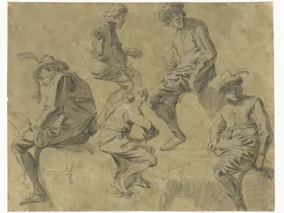 Studieblad met vier mannen te paard en een op een steen