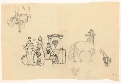 Studieblad met vier personen bij een waterbron, een man op een ezel en een paard