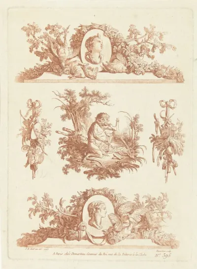 Studieblad met vijf vignetten