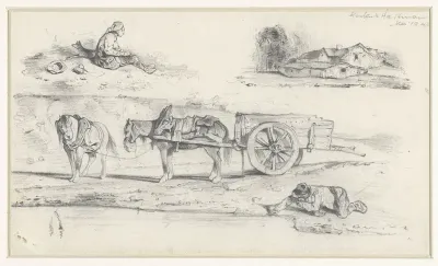 Studieblad met voorstelling van een schelpenvisser, geknield liggend aan de oeverrand