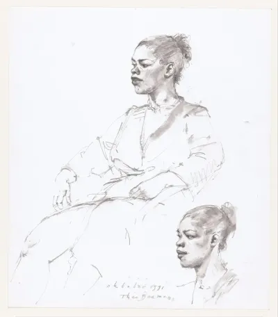 Studieblad met vrouw in badjas