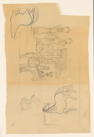 Studieblad met vrouwen en een ezel bij een tempel en vier paarden
