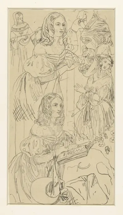 Studieblad met vrouwenfiguur in 19e eeuws costuum, en andere figuren
