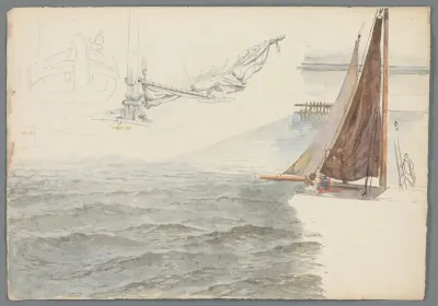 Studieblad met water en details van een zeilschip