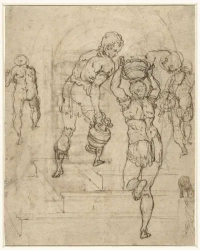 Studieblad met waterdragende figuren die een trap opklimmen