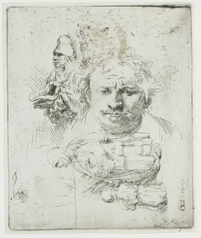 Studieblad met zelfportret, bedelaar, en vrouw met kind