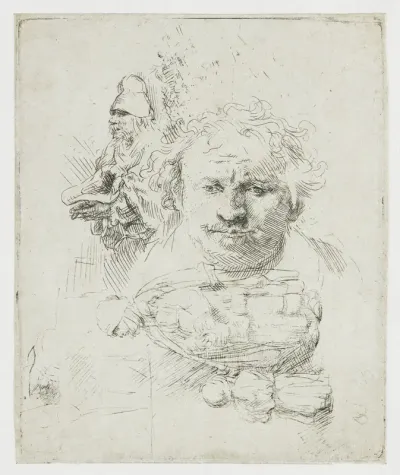 Studieblad met zelfportret, bedelaar, vrouw met kind