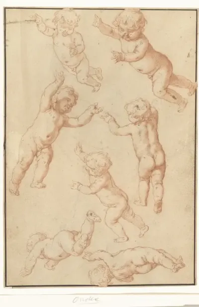 Studieblad met zeven zwevende putti