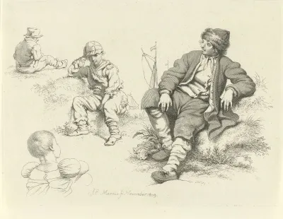 Studieblad met zittende figuren en boten op de achtergrond