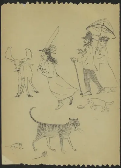 Studieblad, onder andere met een wandelend paar, katten en muizen