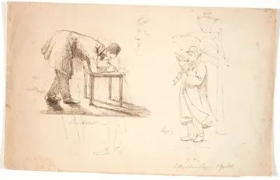 Studieblad, t.v. ses kunstneren selv, foroverbøjet, tegnende på en taburet eller et lille bord. Tegnet herover to studier af en officer og en kjoleklædt herre. I midten studiehoved, selv-portræt. T.h. står kunstneren med paraply på gaden ved en lygte