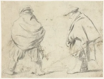 Studieblad van een staande urinerende man, van achteren en van opzij