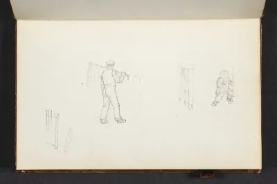 Studier af en bondemand med le set bagfra og et barn