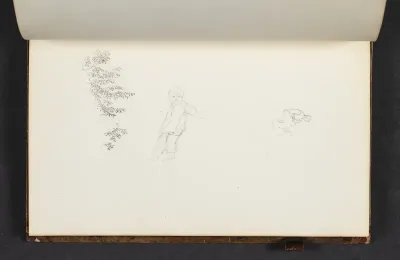 Studier af et buskads, et barn og en siddende kvinde