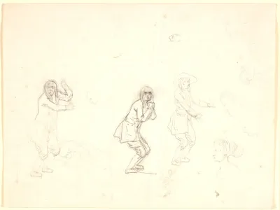 Studier af hoveder og figurer, bl.a. en mandsfigur gengivet tre gange