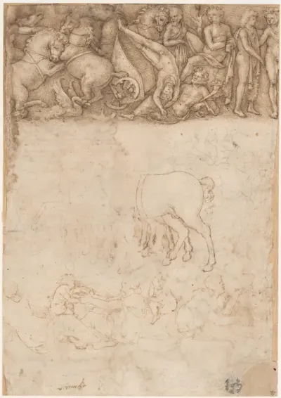 Studies after the Antique: The Fall of Phaëthon, Horses, Reclining Women with Children (recto); Studies after the Antique: An Altar or Urn, Lion Attacking a Horse (verso)
