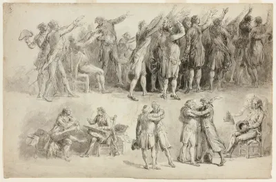 Studies after the Oath of the Tennis Court (recto); Studies after the Oath of the Tennis Court: Group with Maupetit de la Mayenne Carried by His Two Sons (verso)