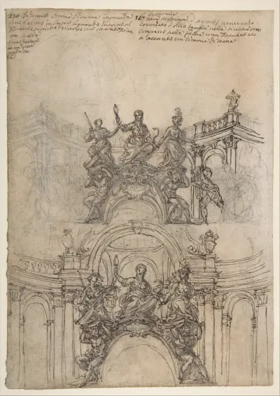 Studies for a Sculpture with Figures of Prudence, Industry and Economy Supported by Slaves and an Oval Plaque with Cartouche; Separate Study for a Cupola (recto); Studies for Figural Ornament (verso)