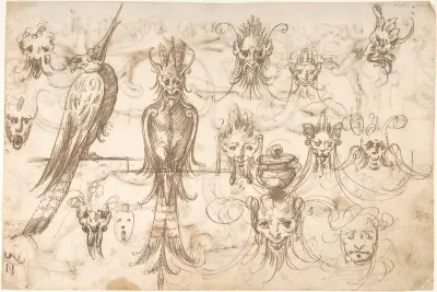 Studies for birds and grotesque masks (recto); candelabra grotesques, ewers and vases (verso)
