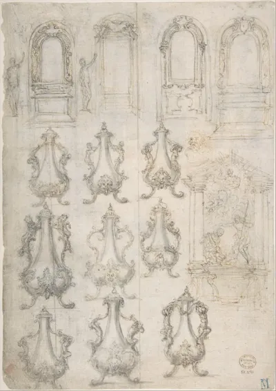Studies for Coffee Urns, Arched-top Altars, and an Altar Project for the Baptistery of Florence Cathedral (recto); Studies for Chapels and Portals (verso)