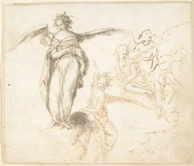Studies for Five Figures of Angels Standing, and Seated on Clouds