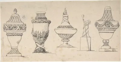 Studies for four urns with a walking stick and hat