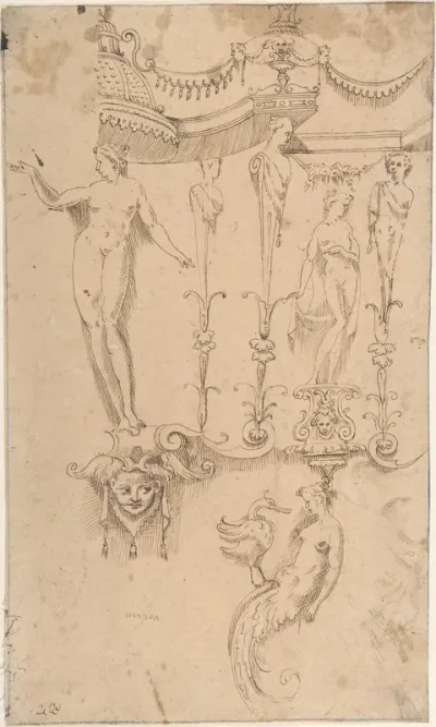 Studies for Grotesque Decorations (recto); Small Sketches and Writing (verso)