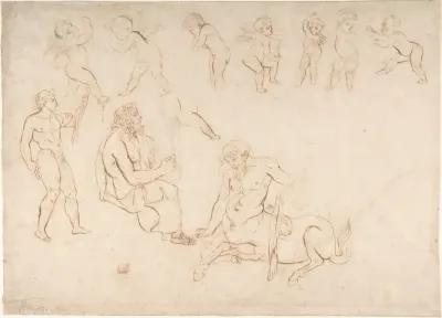 Studies for the decoration of the Library, Palais Bourbon, Paris:  standing nude athlete; seated man with a lyre; centaur; and seven putti (three with wings)