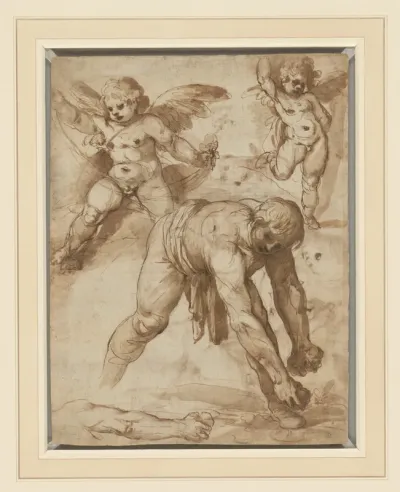 Studies of a Figure Bending Over, Two Putti, and an Arm (recto); Rest on the Flight into Egypt (verso)