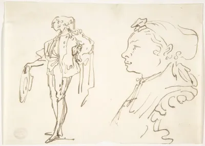 Studies of a standing man holding a hat and a girl in profile