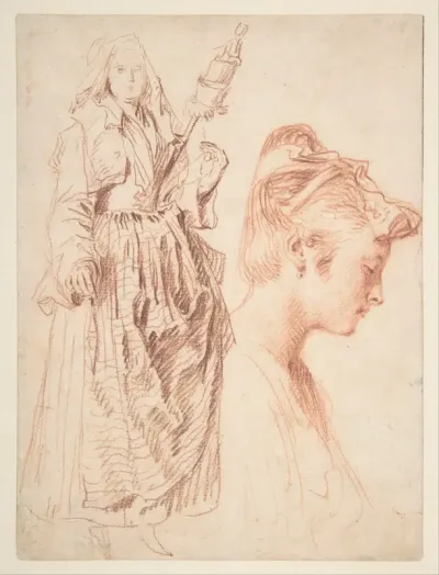 Studies of a Standing Woman Holding a Spindle and a Woman’s Head in Profile to the Right