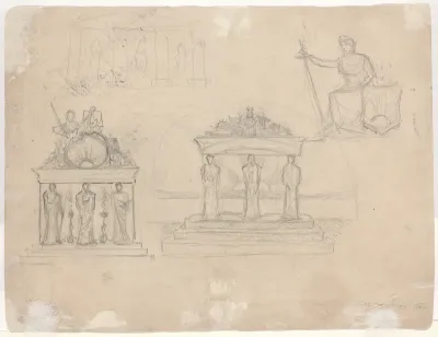 Studies of Classical Temple Facades and Seated Female Figure [verso]