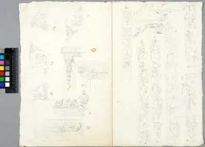 Studies of Interior Details at the Château de Meudon. Frames of mirrors and paintings, panelling and mouldings
