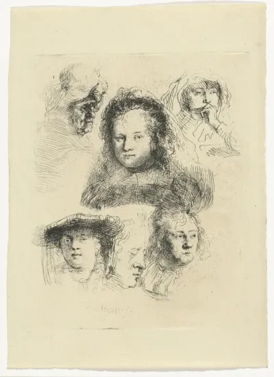 Studies of the head of Saskia and others