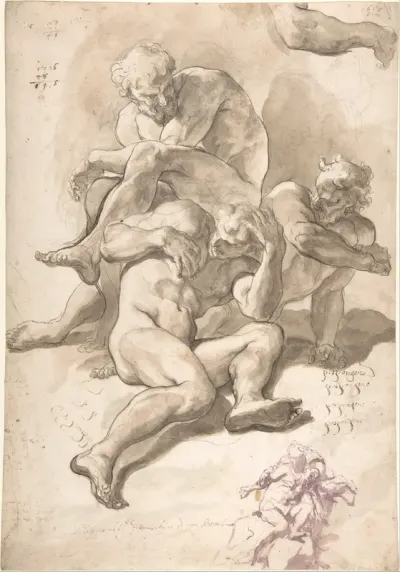 Studies of Three Naked Men, a Right Arm and a Nude Figure Supported by Another (recto); Studies of a Figure with Left Arm Upraised, a Leg, and Putti with Foliage (verso)