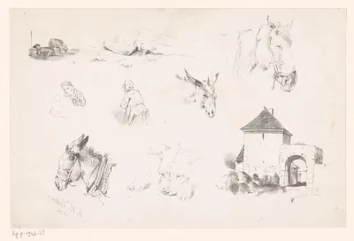 Studies van dieren, figuren en een huis met poort