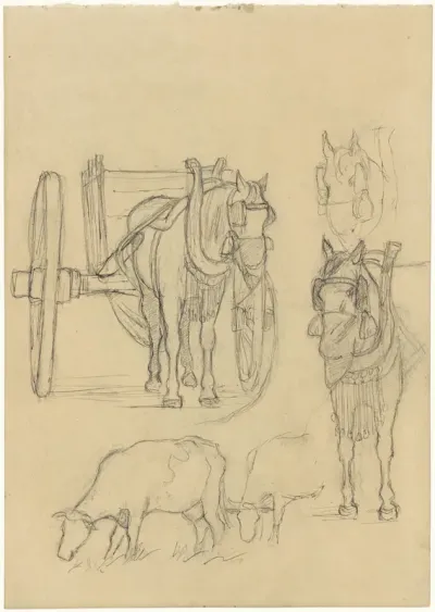 Studies van een etend paard en koeien